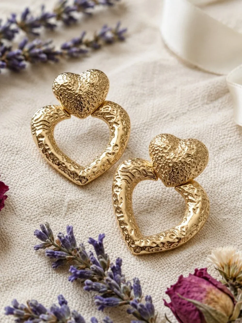 18K Gold Plated SS Coquette Mob Wife Double Heart Hammered Statement Studs 1.9in